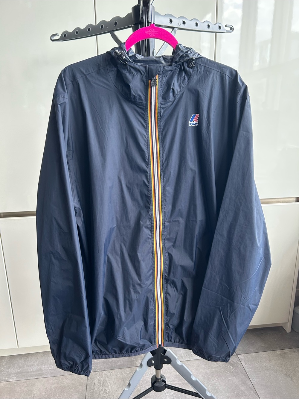 K-Way Navy Hooded Raincoat with Tricolor Zip